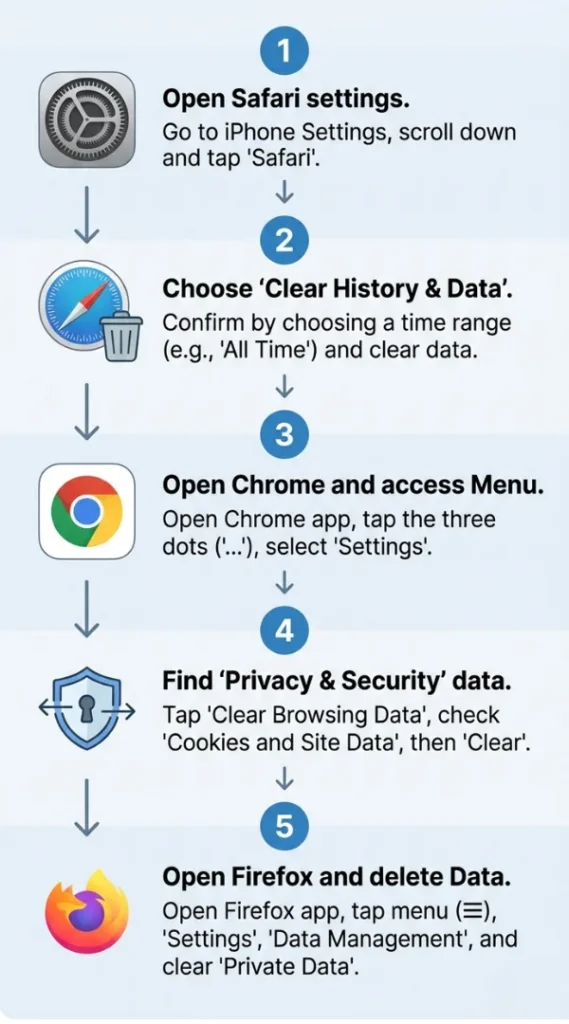 Numbered step-by-step infographic showing how to delete cookies on iPhone in Safari, Chrome, and Firefox