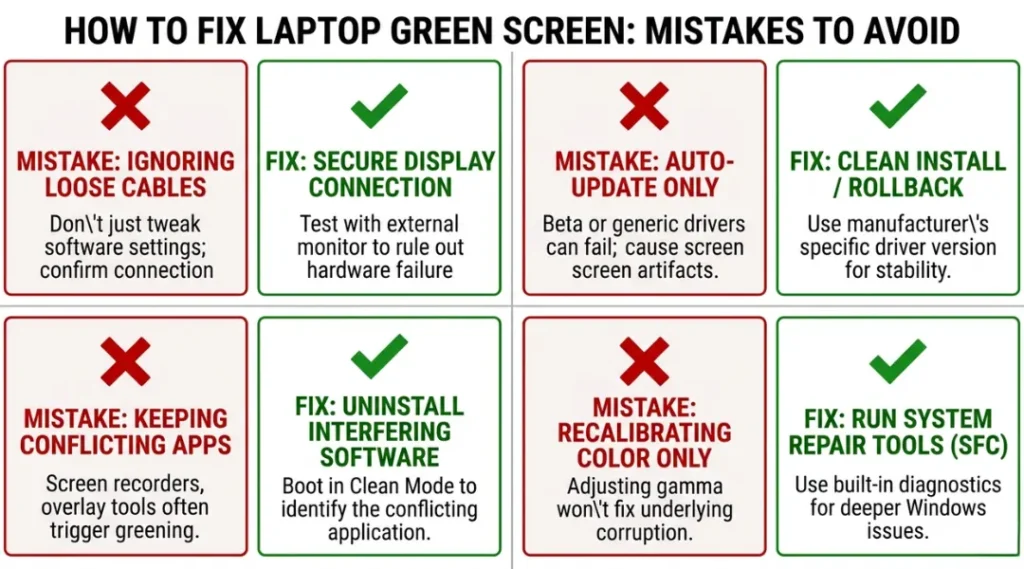 Common mistakes to avoid when fixing a laptop green screen with correct approaches shown