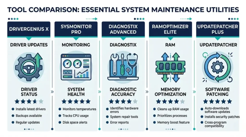 Comparison of top tools for fixing laptop green screen including DDU, HWiNFO64, and MemTest86