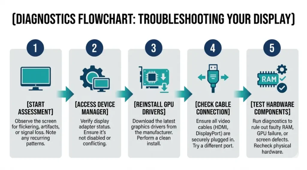 Step-by-step diagram showing five numbered steps to fix a laptop green screen
