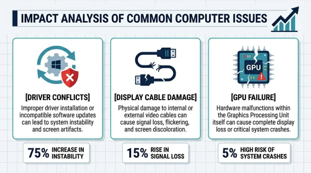 Infographic showing causes of laptop green screen in 2026 including driver conflicts and cable damage