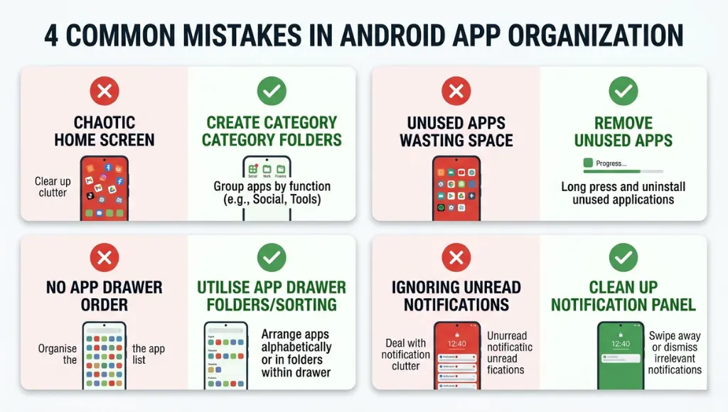 Warning infographic showing the four most common Android app organization mistakes and their fixes, including category folders and unused apps