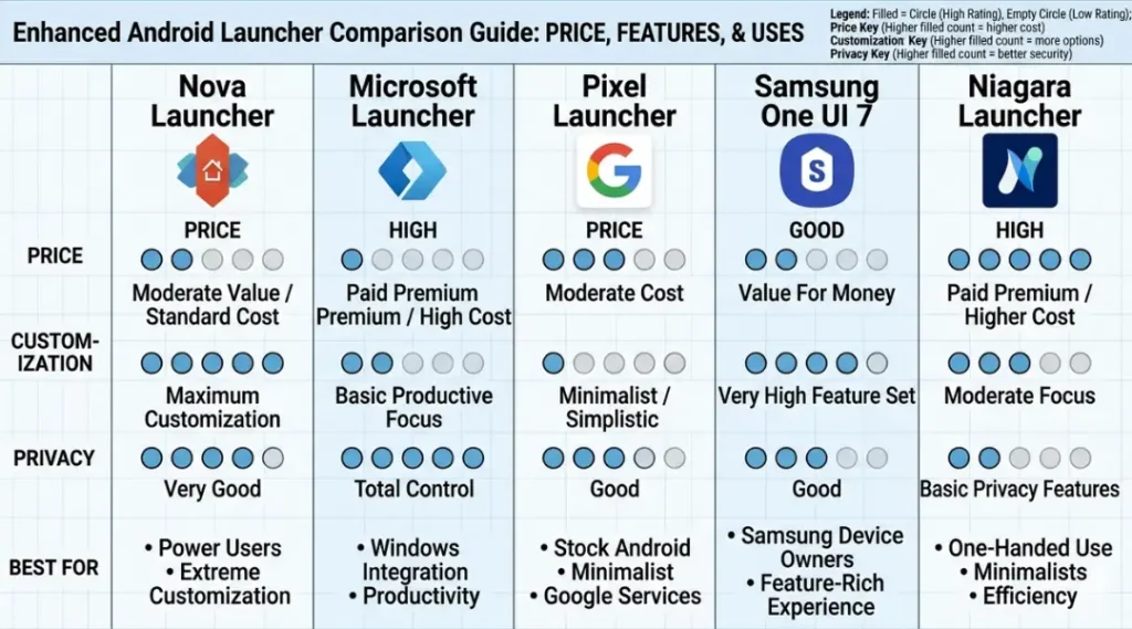 Comparison infographic of the best Android launchers for organizing apps in 2026, including Nova Launcher, Microsoft Launcher, and Pixel Launcher