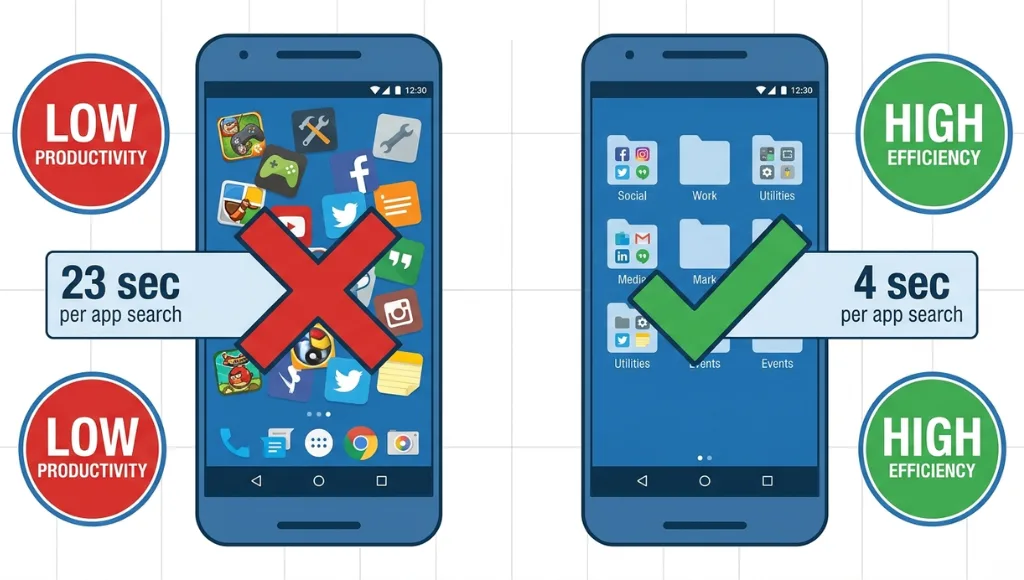 Flat infographic showing time saved per day by organizing Android apps, with comparison between organized and disorganized app layouts
