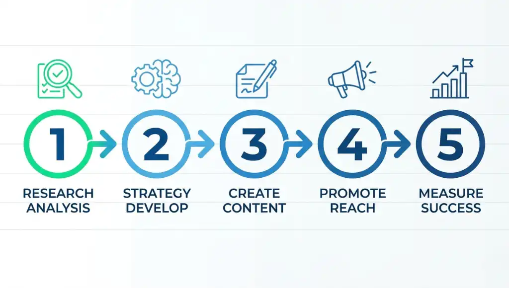 Five-step SEO process infographic showing how to rank higher on Google in 2026