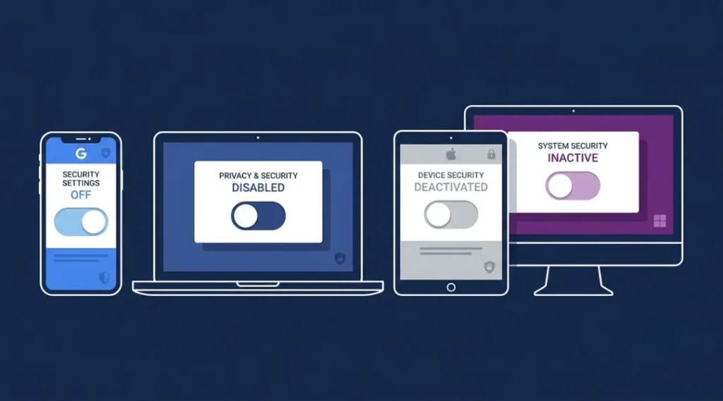 Visual guide showing how to turn off two factor authentication across Gmail, Facebook, iPhone, and Microsoft in 2026