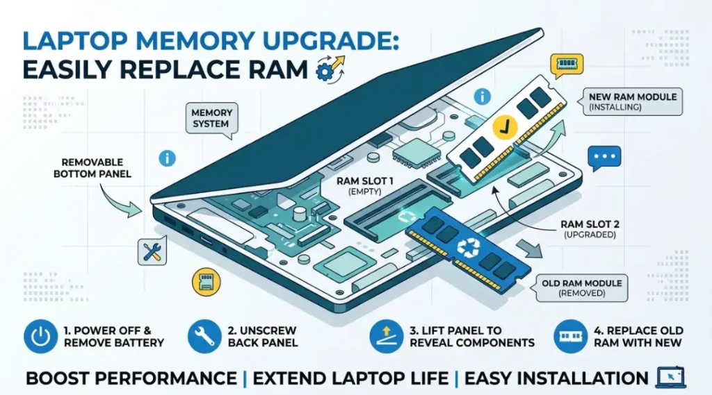 Step-by-step visual guide showing how to upgrade RAM on a laptop in 2026
