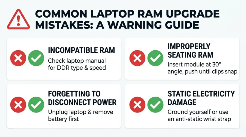 Common RAM upgrade mistakes to avoid when upgrading laptop memory, shown as warning infographic