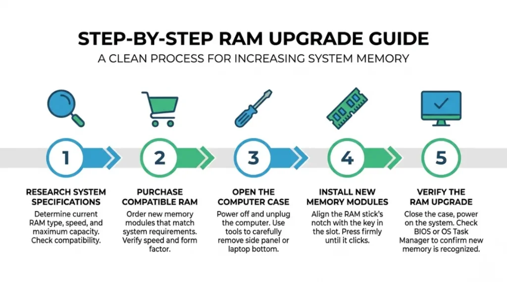 Step-by-step infographic for how to upgrade RAM on a laptop, showing five numbered stages