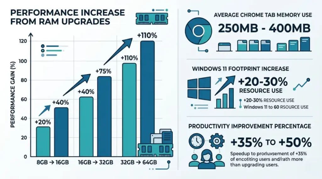 Infographic showing why upgrading RAM on a laptop improves performance in 2026