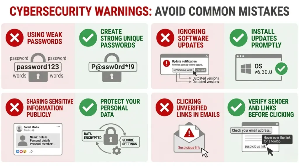 Warning infographic showing four common internet safety mistakes and their fixes