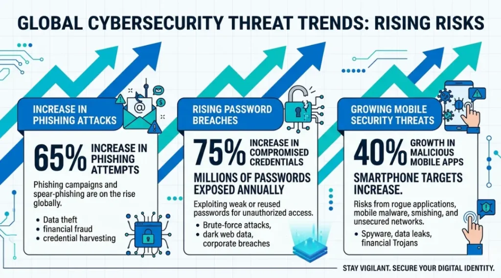 Infographic showing rising cyber threat statistics relevant to internet safety tips in 2026