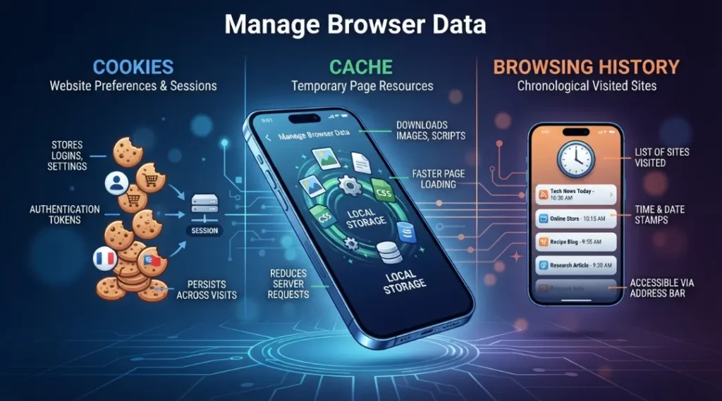 iPhone browser data comparison showing cookies cache and browsing history