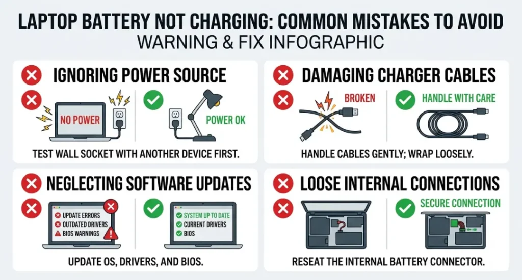 Common mistakes to avoid when fixing laptop battery not charging, warning and fix infographic