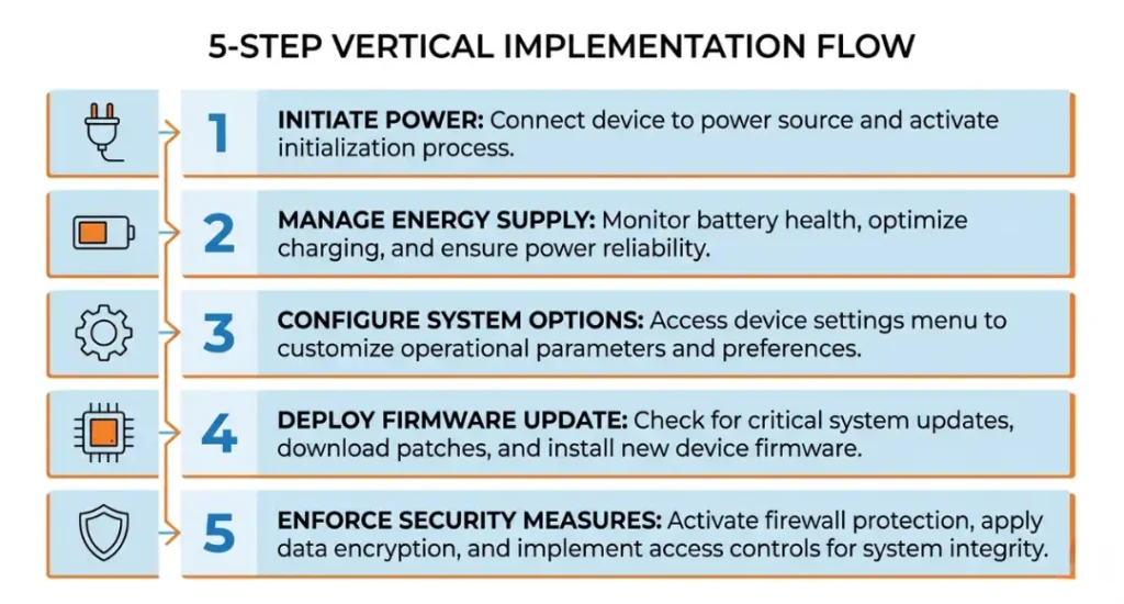 Step-by-step process infographic for fixing laptop battery not charging, five numbered steps with icons