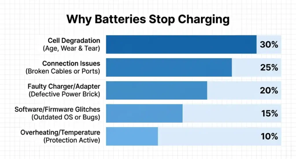 Infographic showing top causes of laptop battery not charging in 2026 with percentage breakdown