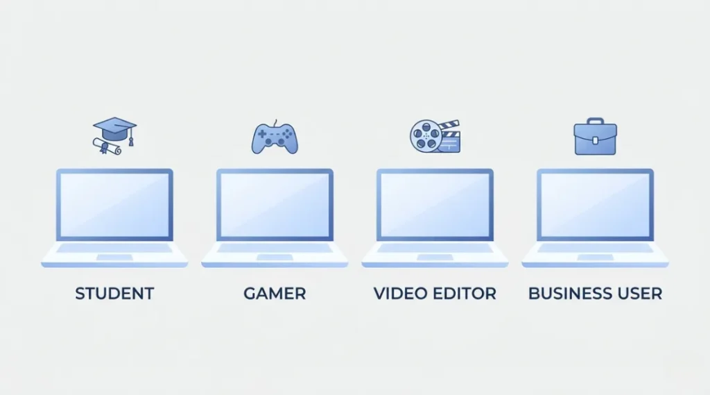 A flat-design laptop buying guide showing four laptop categories for students, gamers, video editors, and business users in 2026