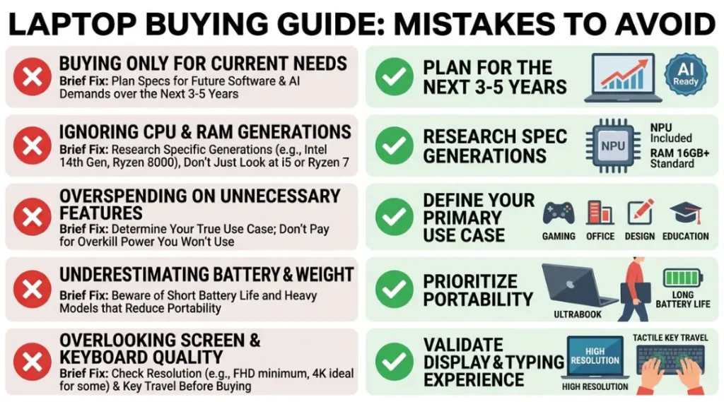 Warning infographic showing five common laptop buying mistakes and their specific fixes for buyers in 2026