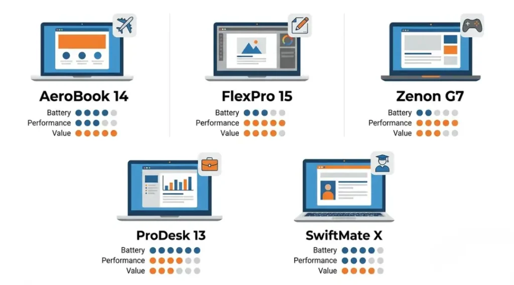 Flat-design comparison infographic showing top 2026 laptops including MacBook Air, Dell XPS 15, ASUS ROG Zephyrus, and Lenovo ThinkPad