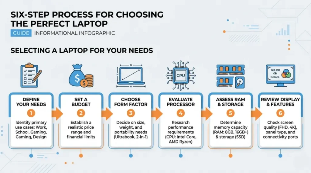 Step-by-step laptop buying guide infographic showing six numbered decision points from defining use case to evaluating display quality