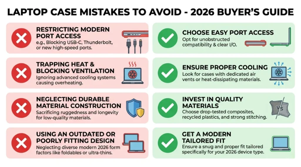 Warning infographic showing four common laptop case mistakes and their fixes for 2026 buyers