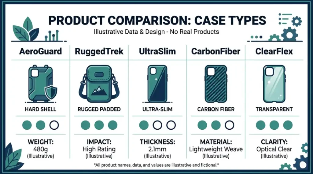 Comparison infographic of five top-rated laptop cases in 2026 including Tomtoc, Incase, Thule, Heaven Mayhem, and MOSISO
