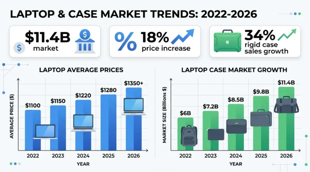 Infographic showing rising laptop repair costs and laptop case market growth data for 2026