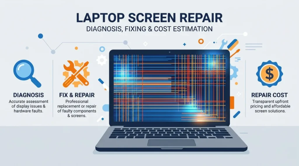 Laptop screen showing horizontal and vertical LCD lines with diagnosis steps overlay
