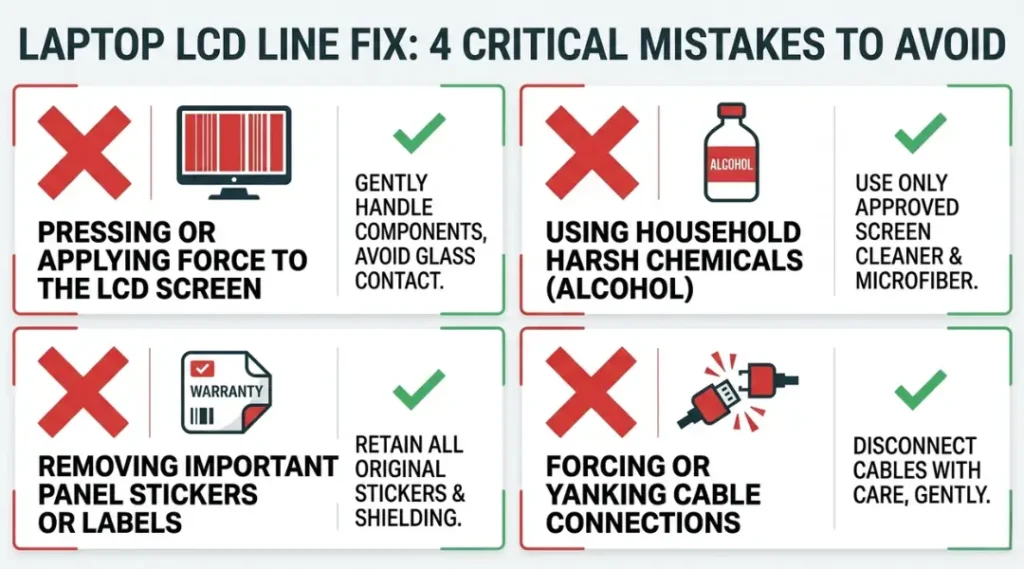 Common mistakes to avoid when fixing laptop LCD lines, shown with fixes for each