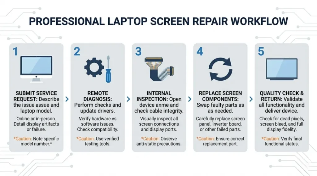 Step-by-step process diagram for diagnosing and fixing laptop LCD lines in 5 steps