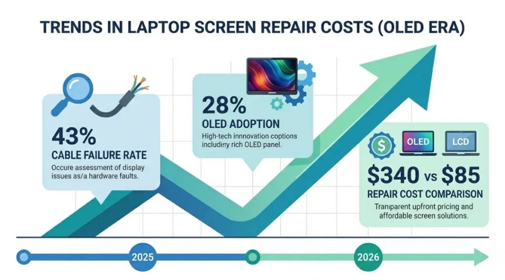 Infographic showing laptop LCD lines repair cost comparison and timeline data for 2026