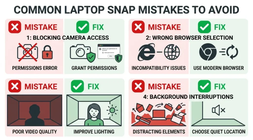 Warning infographic showing four common laptop snap mistakes and their fixes including camera permission errors and browser compatibility issues