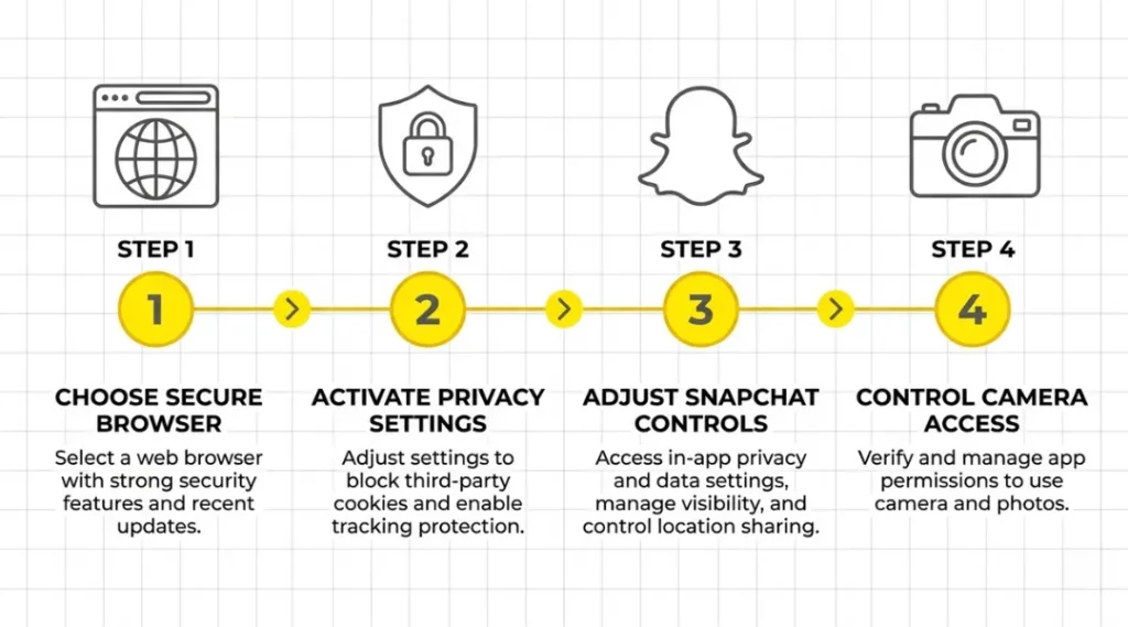 Step-by-step infographic showing how to set up laptop snap in four numbered stages on Windows and macOS