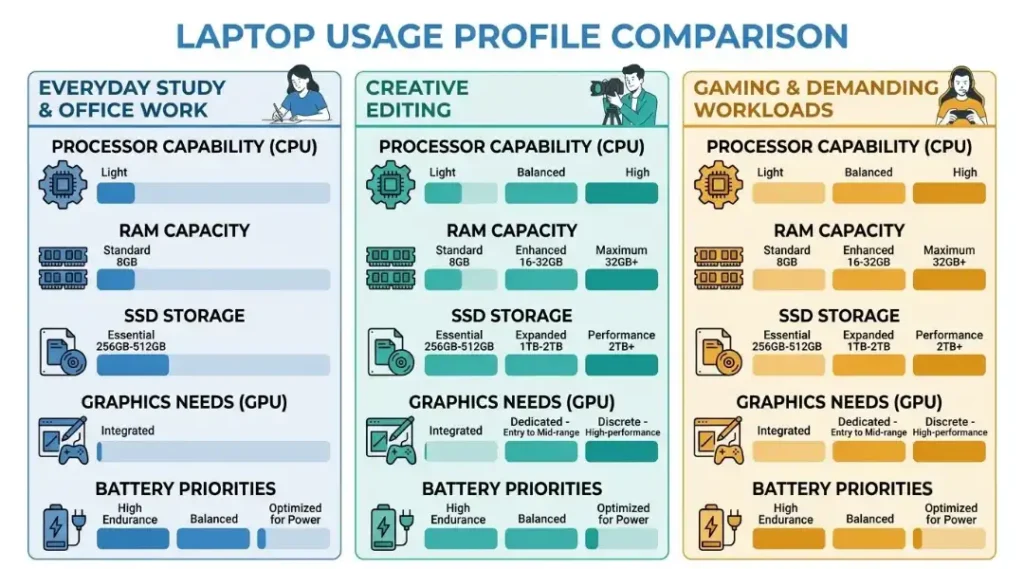Laptop specifications comparison for students, office users, video editors, and gamers