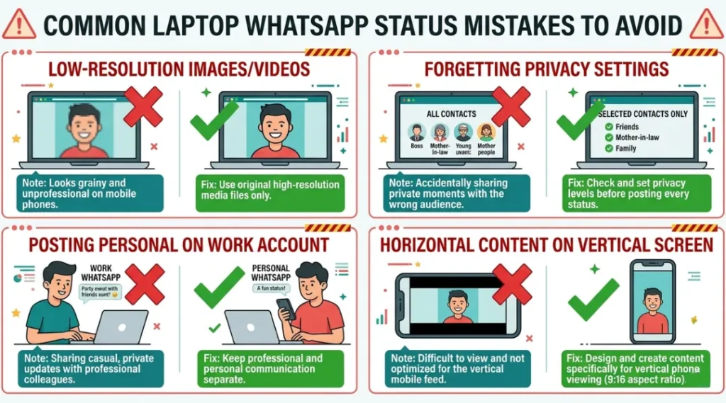 Common laptop WhatsApp status mistakes and how to fix them shown as a warning infographic