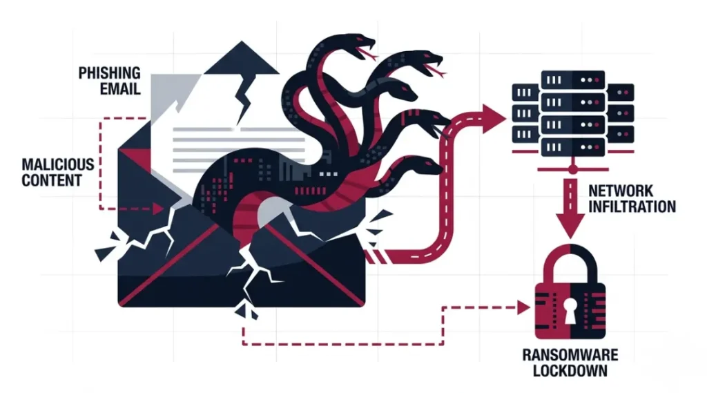 Medusa ransomware gang phishing campaigns overview showing attack chain from phishing email to encryption in 2026