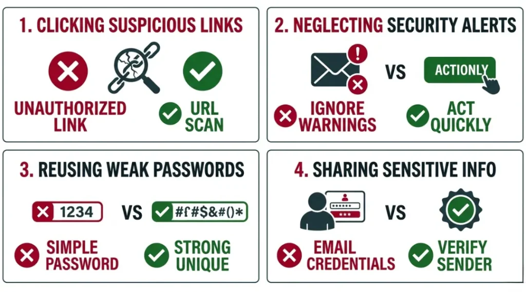 Common Medusa ransomware phishing campaign mistakes to avoid, with correct approaches shown for each