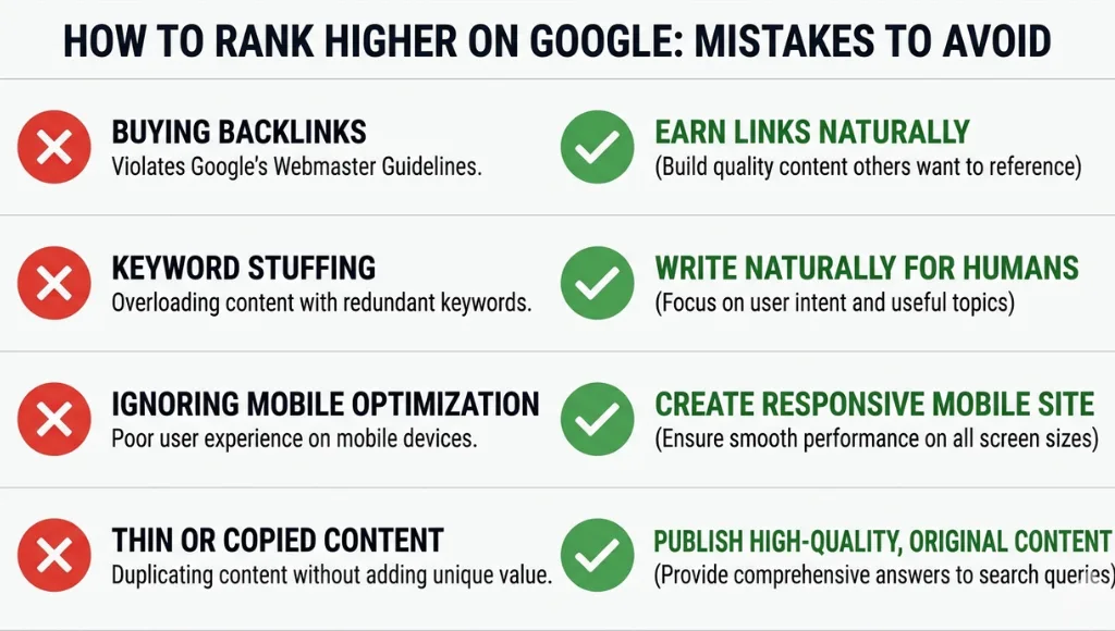 Warning infographic showing four common SEO mistakes to avoid when trying to rank higher on Google