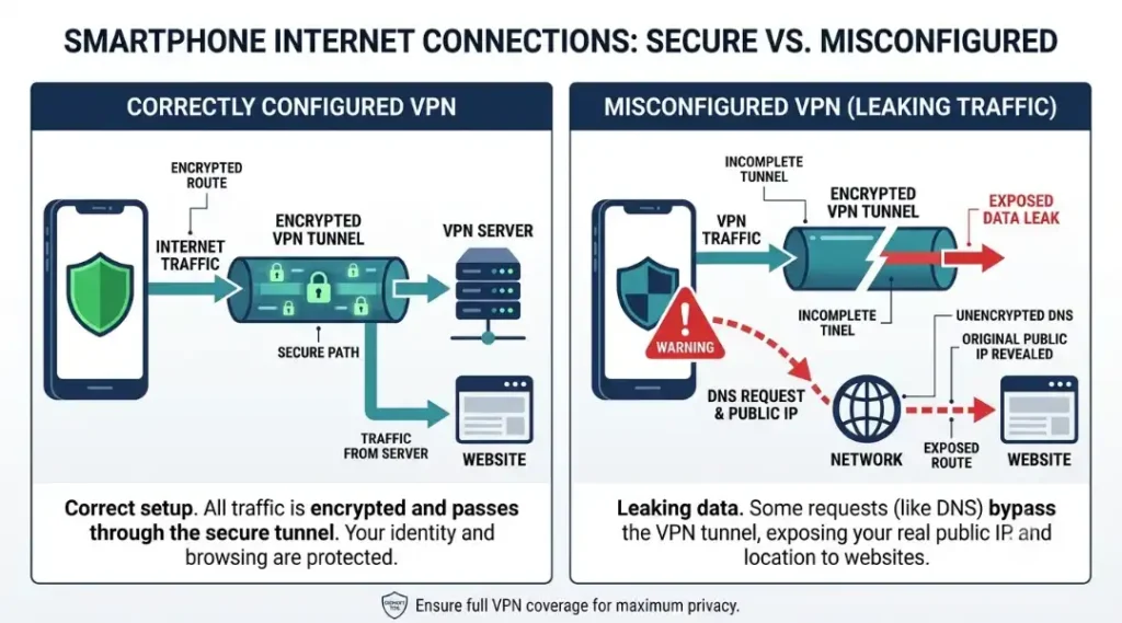 Mobile VPN DNS leak test showing encrypted traffic and exposed network requests.
