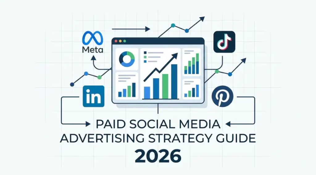 Paid social media advertising strategy guide for 2026 showing platform icons and campaign flow