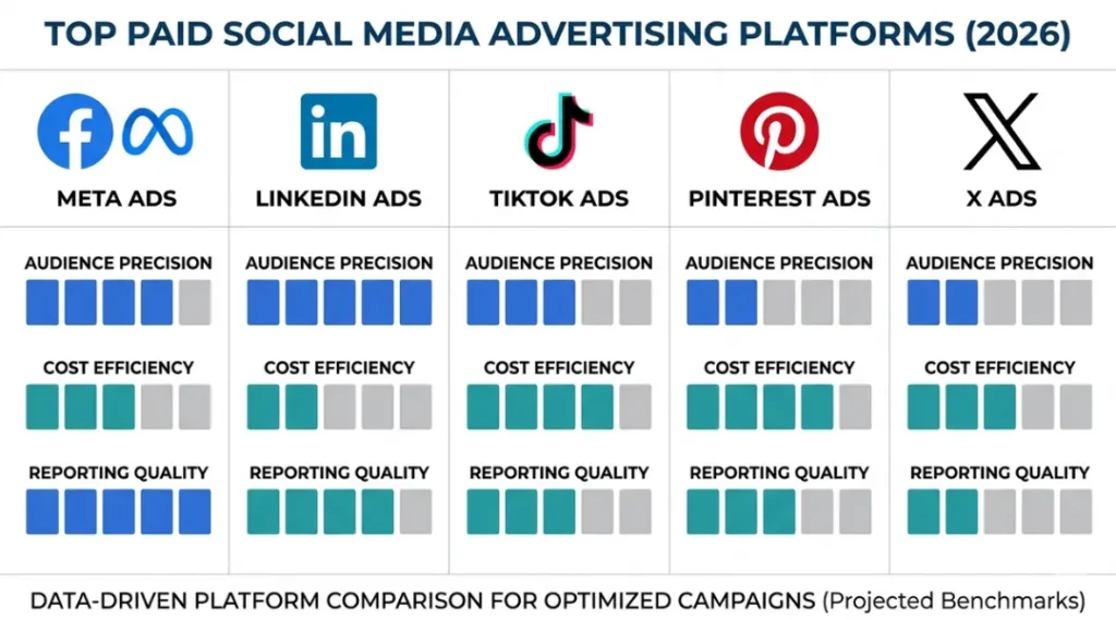 Comparison of top paid social media advertising platforms for 2026 including Meta, LinkedIn, and TikTok