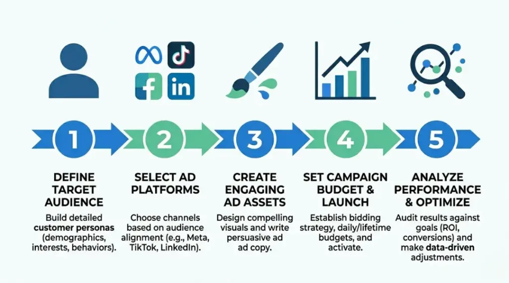 Step-by-step paid social media advertising setup process showing five numbered stages