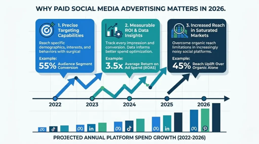 Infographic showing why paid social media advertising matters in 2026 with rising spend data