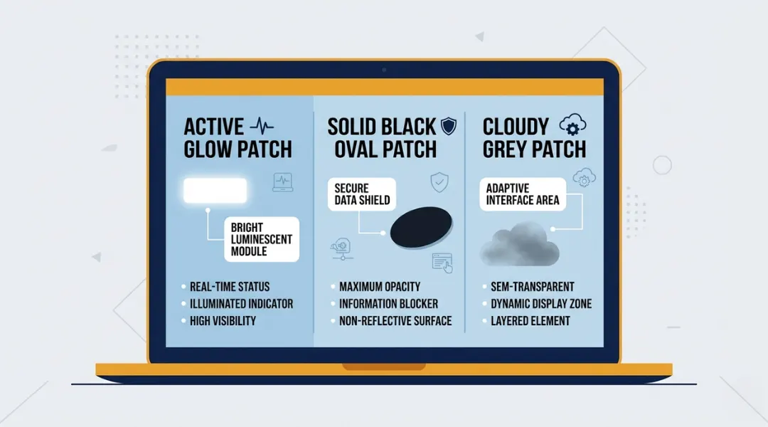 Close-up illustration of patches on a laptop screen showing white backlight bleed, black pressure spot, and cloud contamination with labeled callouts