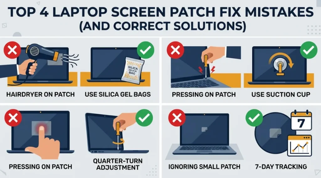 Warning infographic showing four common mistakes when fixing patches on a laptop screen with correct alternatives beside each