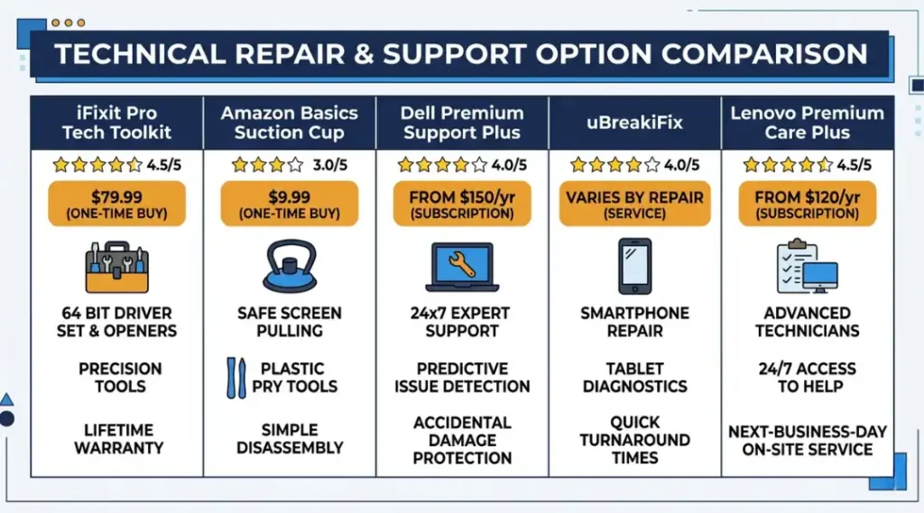 Comparison infographic of top tools and plans for fixing patches on laptop screen including iFixit toolkit, Dell support plans, and uBreakiFix service