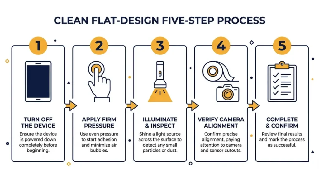 Five-step flat design infographic showing how to diagnose patches on a laptop screen using the black screen test, pressure test, and moisture check