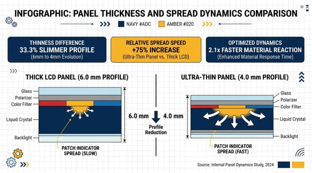 Infographic showing patch spread rates for ultra-thin laptop screens vs standard thickness panels, with data from iFixit 2024