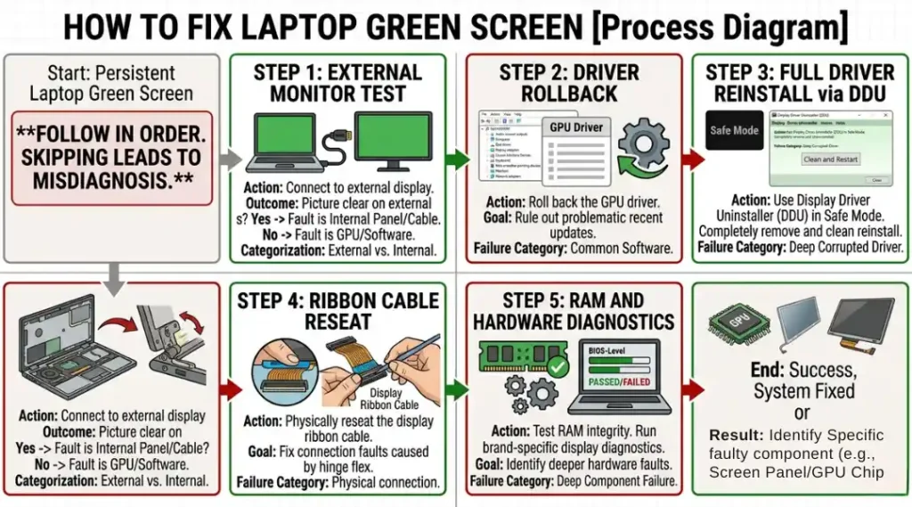 process diagram for how to fix laptop green screen