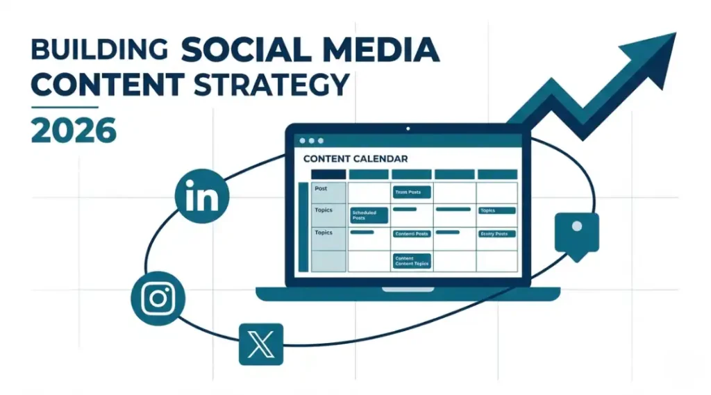 Visual guide to building a social media content strategy in 2026 with platform selection and content pillar planning